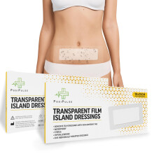 Posi Pulse Transparent Film Island Dressings - 5 Large Self-Adhesive, Showerproof Wound Dressings for Post-Surgery, C-Section Care. Sterile, Latex-Fr