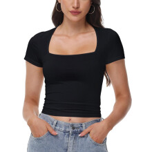 Dametoppe med firkantet hals Kortærmede crop tops Træningstøj Sommertøj Afslappet Slim Fit T-shirts