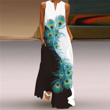 QLEICOM Damen-Sommer-Maxikleid – Ärmellos, mit Taschen, gestreiftem Blumenmuster, V-Ausschnitt, Strandkleid, in großen Größen