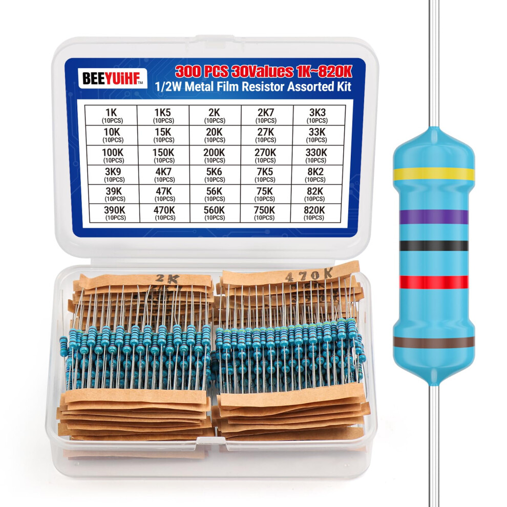Beeyuihf 1/2W Metal Film Resistor Assortment Kit 30 Values 300Pcs 1/2 Watt Metal Film Fixed Resistors Variety Pack (1K Ohm ~820K Ohm) 1% Tolerance 75850777