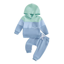 (2-3 Years, Blue) Ensemble 2 pièces automne garçon : sweat à capuche rayé à manches longues et pantalon à cordon uni