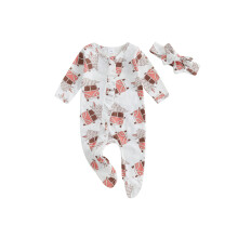 (0-3 Months, White) Ensemble de Noël pour bébé fille, combinaison à manches longues avec imprimé sapin et voiture, bandeau assorti.
