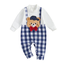 (0-3 Months, White) Combinaison décontractée d'automne pour bébé garçon, manches longues, col rond, broderie ours, à carreaux.