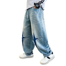 Calça jeans cargo infantil Ediodpoh, perna larga e cintura elástica, com vários bolsos, azul, tamanho 12-13 anos.