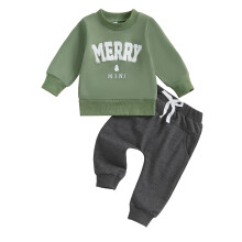 (18-24 Months, Green) Komplet świąteczny dla malucha: bluza z długim rękawem, haftowany napis, kieszonka i długie spodnie.