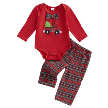 (6-12 Months, Red) Kerstoutfit voor babyjongens: romper met lange mouwen en ruitjesbroek met kerstprint. 2-delige set.