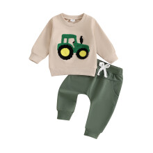 (18-24 Months, Apricot) Jesienny ubiór dla chłopca: bluza z długim rękawem z haftowanym ciągnikiem i gładkimi spodniami