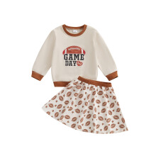 (4-5 Years, Khaki) Ensemble jupe 2 pièces automne pour filles : haut à manches longues imprimé rugby et jupe trapèze.