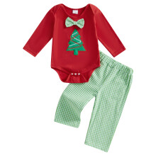 (3-6 Months, Green) Kerstoutfit voor babyjongens: romper met lange mouwen en ruitjesbroek met kerstprint. 2-delige set.