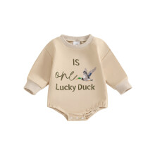(0-3 Months, Beige) Grenouillère bébé garçon/fille à manches longues et col rond, broderie canard, body pour nouveau-né