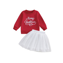 (6-12 Months, Red) Ensemble de Noël fille : sweat-shirt brodé, jupe bouffante en gaze, tenue 2 pièces.