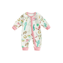 (3-6 Months, Pink) Combinaison automne bébé fille, imprimé cactus, manches longues, col rond, fermeture éclair.