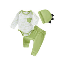 (0-3 Months, Green) Ensemble 3 pièces garçon : barboteuse à manches longues et pantalon dinosaure, tenue d'automne.