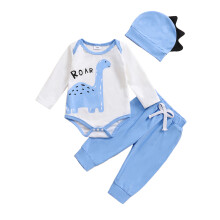 (12-18 Months, Blue) Ensemble 3 pièces garçon : barboteuse à manches longues et pantalon dinosaure, tenue d'automne.