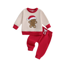 (3-6 Months, Khaki) Ensemble de Noël garçon : sweat-shirt manches longues et pantalon brodé bonhomme en pain d'épice (2 pièces).