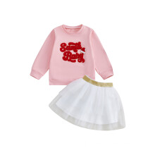 (12-18 Months, Pink) Ensemble de Noël pour filles : sweat-shirt brodé, jupe en gaze, tenue 2 pièces