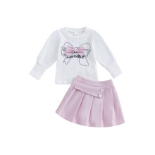 (4-5 Years, White) Ensemble 2 pièces pour petite fille : T-shirt long avec nœud et mini-jupe plissée.
