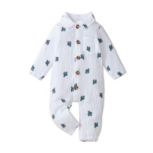 (0-3 Months, White) Combinaison d'automne pour bébé garçon, manches longues, col à revers, imprimé carottes/cactus, boutonnée