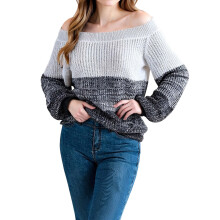 (S, Gray) Pull en maille automne-hiver pour femme, manches longues, épaules dénudées, coloris contrastés