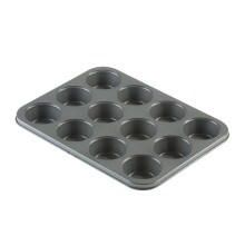 Prochef KB1003 Teflon Non-Stick Premium Coated 12 Cup Tray/Tin-Length 35cm x Width 27cm Carbon Steel for Muffins or Cupcakes-Silver, Black, 35 x 27 x
