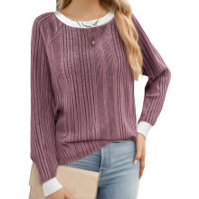 (S, Pink) Womens Knit Tops Fall Long Sleeve Crew Neck Loose Fitted Contrast Color Pullover Shirts