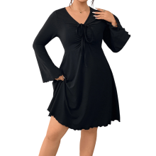 (XXXL, Black) Női plus size ruha fekete V-nyakú hosszú ujjú fodros elöl hétköznapi parti ruha