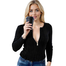 (M, Black) Women's Half Zipper Up Tops Fashionable Solid Color Long Sleeve Round Neck Slim Fit Fall Shirts