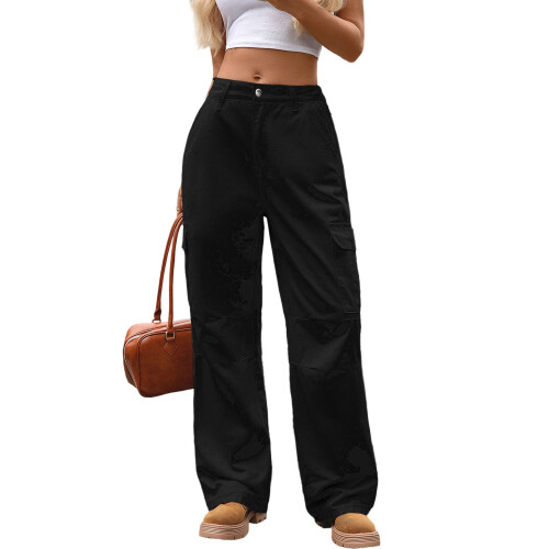 (L, Black) Γυναικείο Cargo τζιν φαρδύ μπατζάκι