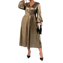 (XXXXL, Gold) Damesjurk, elegante jurk met lange mouwen, V-hals, effen, losse casual jurk voor dagelijks gebruik en feestjes