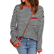 (XXL, Red) Women's Autumn Casual Tops Long Sleeve Round Neck Loose Fit Striped T-shirt with Pocket