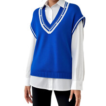 (One Size, Blue) Suéter Colete Feminino de Tricô com Decote em V Profundo, Sem Mangas e Listrado na Moda