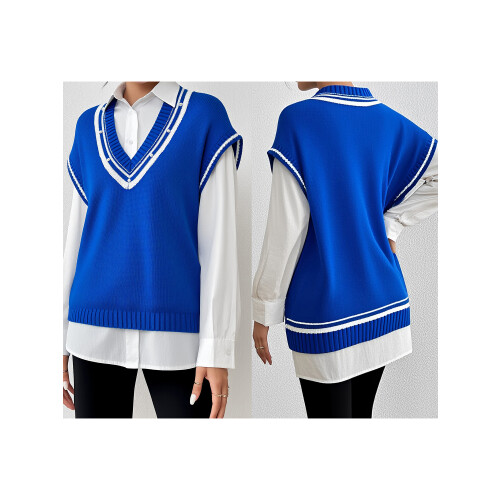 (One Size, Blue) Γυναικείο πλεκτό γιλέκο ριγέ τοπ 1
