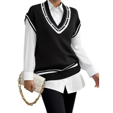 (One Size, Black) Suéter Colete Feminino de Tricô com Decote em V Profundo, Sem Mangas e Listrado na Moda