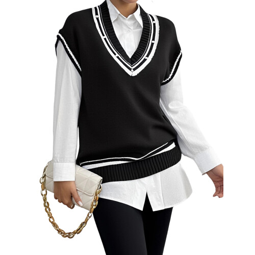 (One Size, Black) Γυναικείο πλεκτό γιλέκο ριγέ τοπ