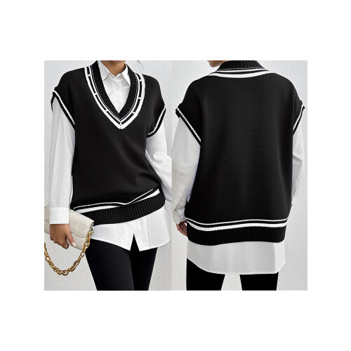 (One Size, Black) Γυναικείο πλεκτό γιλέκο ριγέ τοπ 1