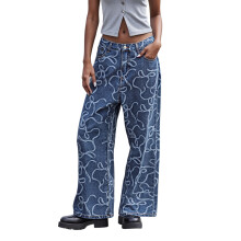 (M, Blue) Jean ample de printemps pour femme, imprimé nœud papillon, taille haute, jambes larges