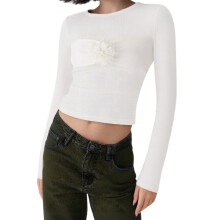 (M, White) T-shirts manches longues femme, slim fit, col rond, imprimé floral 3D, style streetwear automne