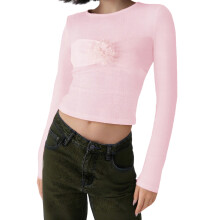 (L, Pink) T-shirts manches longues femme, slim fit, col rond, imprimé floral 3D, style streetwear automne