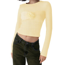 (L, Yellow) T-shirts manches longues femme, slim fit, col rond, imprimé floral 3D, style streetwear automne