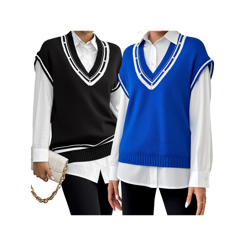(One Size, Blue) Γυναικείο πλεκτό γιλέκο ριγέ τοπ 2