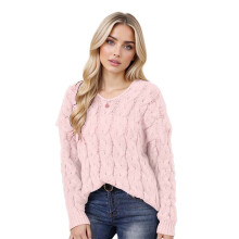 (L, Pink) Pulls en maille pour femme, automne-hiver, manches longues, couleur unie, à capuche