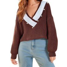 (M, Light Brown) Pulls à col en V pour femmes, extensibles, à manches longues, avec bordure contrastée et clous.