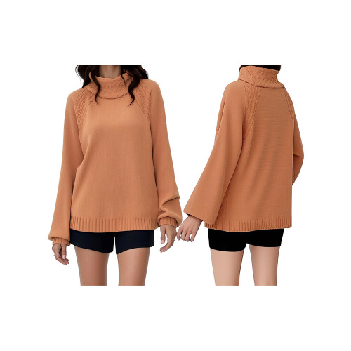(M, Orange) Womens Knitted Tops Lantern Long Sleeve Half Turtleneck Loose Fitted Solid Color Pullover Sweater 1