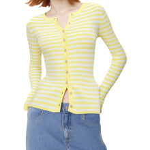 (L, Yellow) Women Striped Cardigan Slim Fit Crew Neck Long Sleeve Button-up Knit Sweater Casual Fall Streetwear
