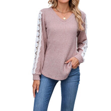 (XXL, Pink) Női hosszú ujjú felsők őszi V-nyakú csipke patchwork blúzok laza szabású lezser ingek