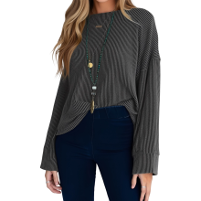 (M, Black) Womens Fall Tops Long Sleeve Crew Neck Blouse Hollow Back Loose Fitted Side Slit Casual Shirts