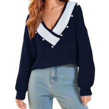 (S, Navy Blue) Women's V Neck Sweaters Stretchy Long Sleeve Contrast Trim Studdded Knit Tops Pullovers