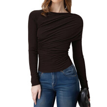 (L, Dark Brown) Women's Fall Long Sleeve Tops Solid Color Round-Neck Ruched Slim Fit T-Shirt Casual Shirts