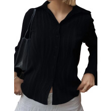 (XL, Black) Chemise femme, manches longues, ajustée, col rabattu, boutonnée, unie, idéale pour l'automne.