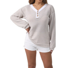 (XL, Khaki) Női csíkos ing, hosszú ujjú, kontrasztos színű, V-nyakú, lezser, bő pulóver, őszi felsők